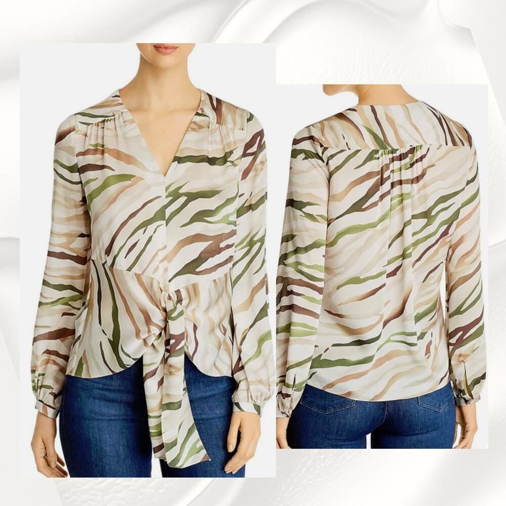 ELIE TAHARI 100% Silk Kali Blouse Tie Front Hi-Low Top Animal Print Multicolor